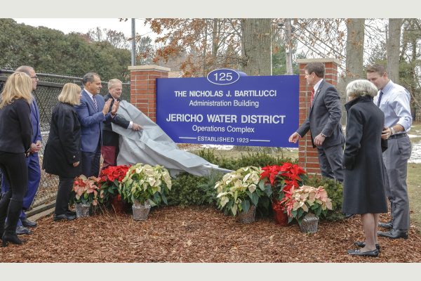 Unveiling of the Nicholas J. Bartilucci Administration Building sign at Convent Road entrance.