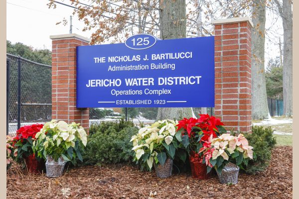 The sign at Convent Road, Syosset, Jericho Water District entrance to the Nicholas J. Bartilucci Administration Building.
