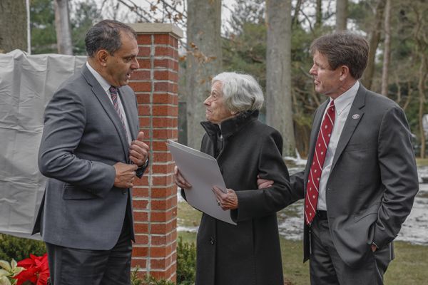 Left to right: Joe Saladino, Supervisor of the Town of Oyster Bay, Mrs. Joan Bartilucci and Jericho Water District Superintendent, Peter Logan.